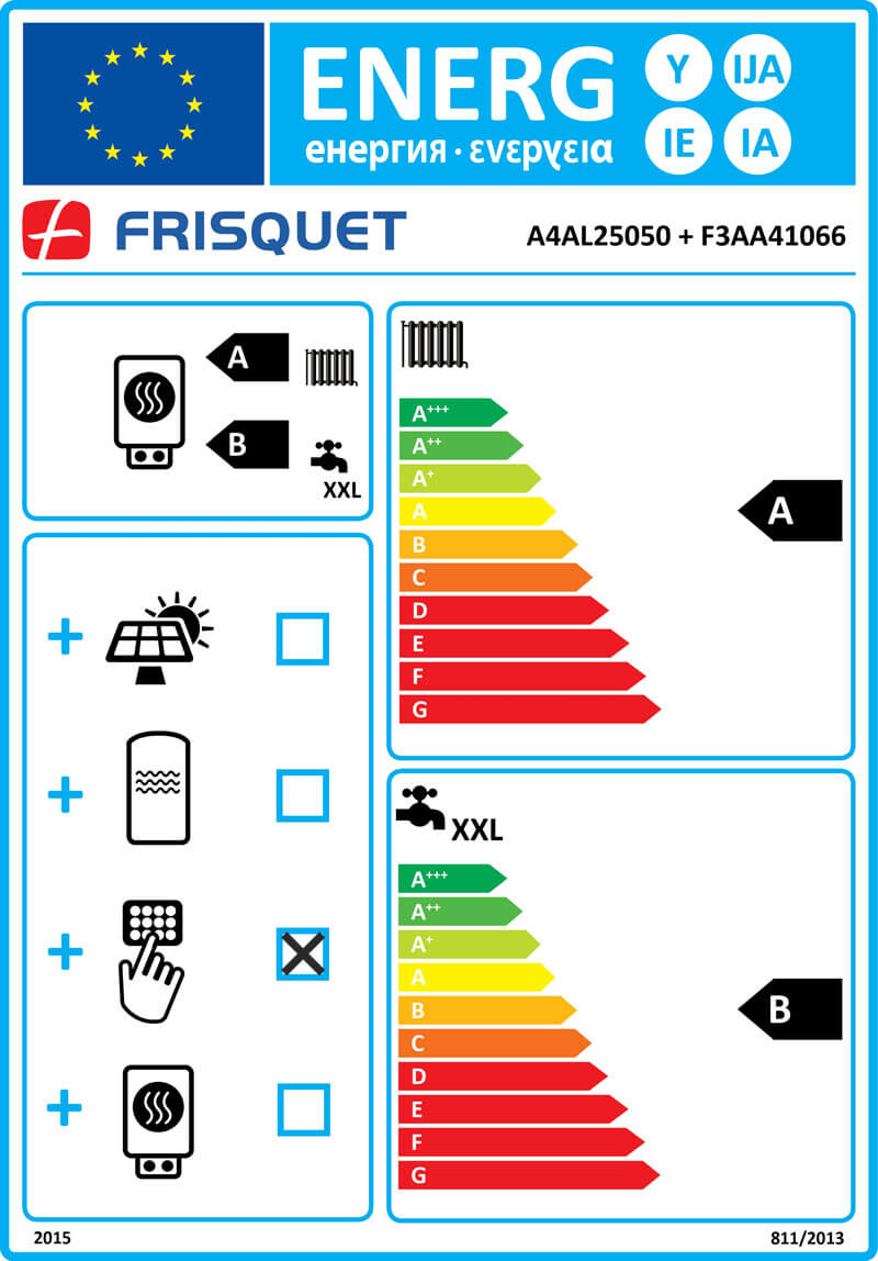 étiquette énergétique FRISQUET Prestige Condensation Visio 25kW + UPEC 120L Côté A4AL25050-F3AA41066 ErP